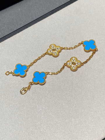 CLOVER 5 MOTIF TURQUOISE DIAMOND GOLD BRACELET