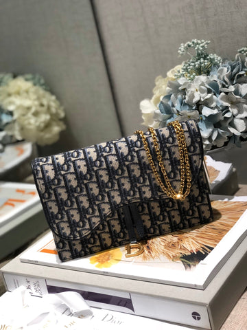 CD Saddle Pouch With Chain Blue Obique Embroidery