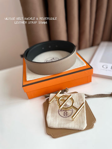 ULYSSE BELT BUCKLE & REVERSIBLE KHAKI BROWN LEATHER STRAP 38MM GOLD HARDWARE