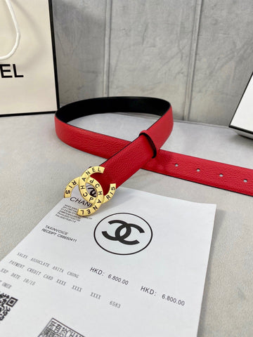 CC 30MM BELT IN CHERRY RED SMOOTH CALFSKIN WITH GOLD HARDWARE
