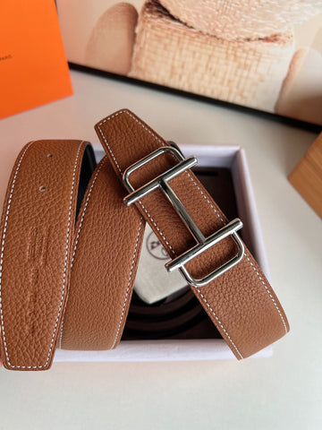 HM ROYAL BELT BUCKLE & REVERSIBLE NOIR AND CIDER ORANGE LEATHER STRAP 32 MM SILVER HARDWARE