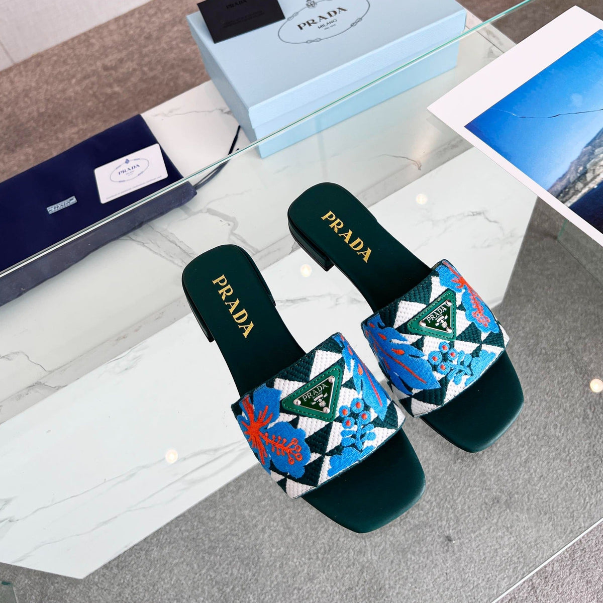 PRA EMBROIDERED SLIDES FLAT CASTLETON GREEN FABRIC