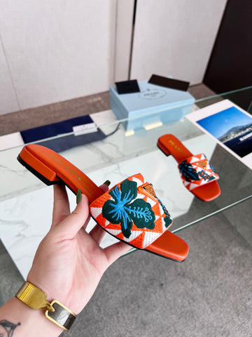 PRA EMBROIDERED SLIDES FLAT ORANGE FABRIC