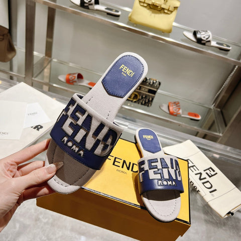 FF Women Roma Signature Blue Grey Canvas Leather Slide