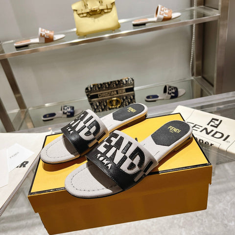 FF Women Roma Signature Black Grey Canvas Leather Slide