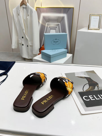 PRA EMBROIDERED SLIDES FLAT CHOCOLATE FABRIC