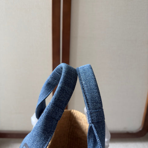 LAGRE WOODY TOTE BAG 48 IN NATURAL FIBERS BLUE DENIM BLACK CALFSKIN