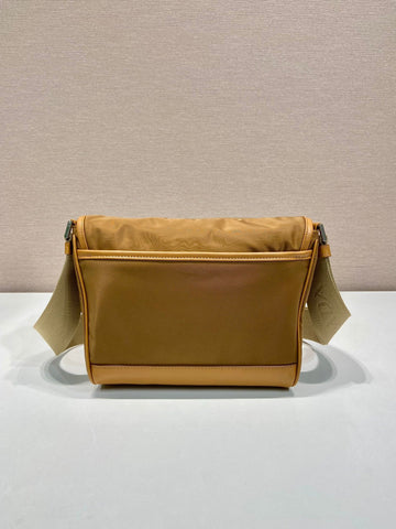 SMALL FLAP BAG 20 IN CIDER BROWN RE-NYLON AND CALFSKIN TRIM