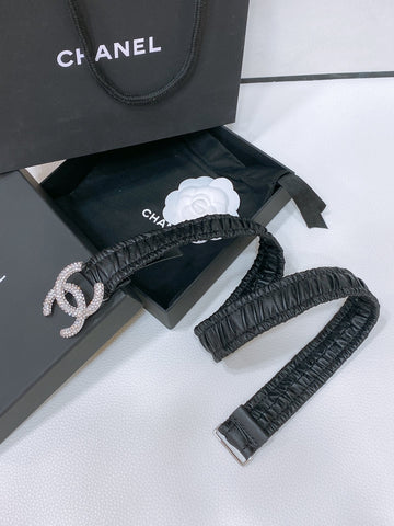 CC ELASTIC BELT 30MM IN BLACK CALFSKIN SILVER HARDWARE WITH RHINSTONES