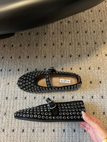 STRASS BALLET FLATS IN BLACK LAMBSKIN