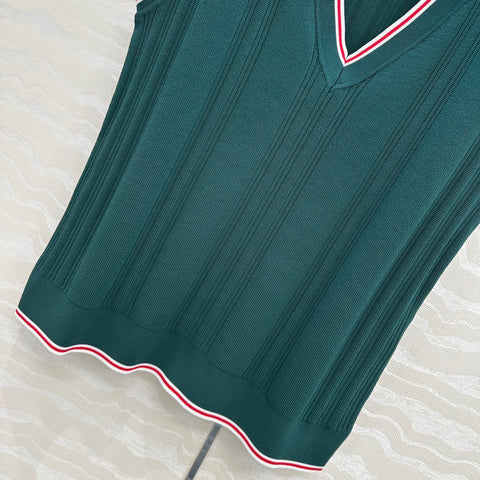 GUCCI V-NECK SLEEVELESS KNIT TOP IN DEEP SEA GREEN