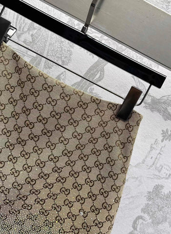 GG Brown Mix Light Green Canvas Mini Skirt With Embroidery