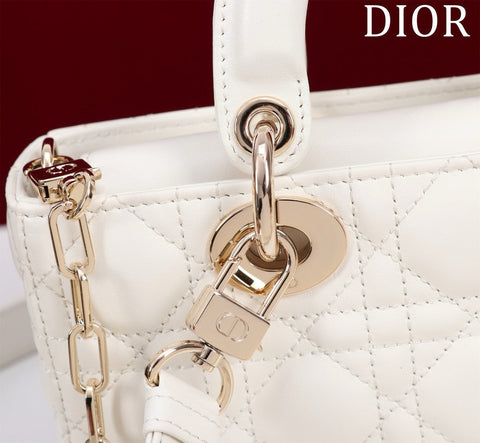 SMALL LADY D-JOY 22 WHITE LAMBSKIN GOLD HARDWARE