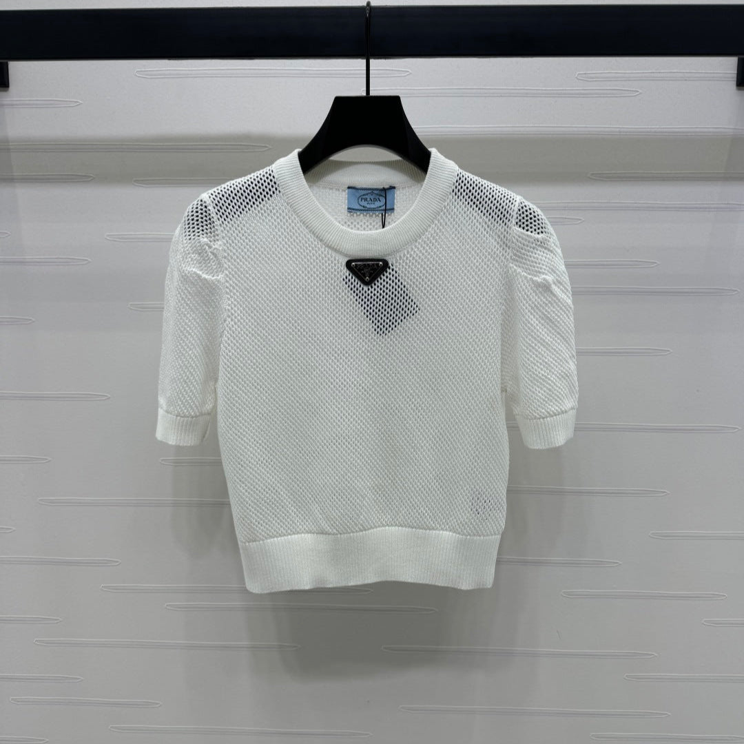 PRAD 25S HOLLOW KNIT SHORT SLEEVE TOP 264134