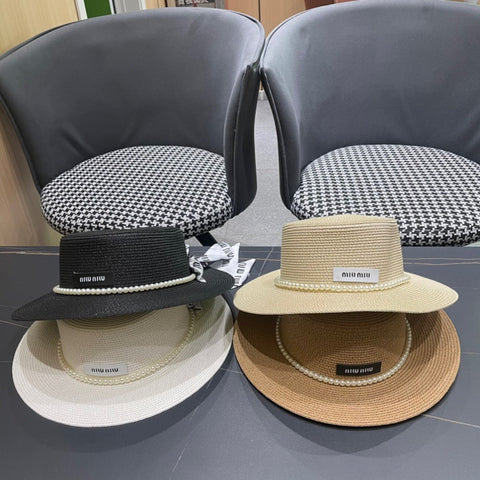 MM SMALL-BRIM STRAW HAT IN CREAM WHITE AND PEARL EMBELLISHED