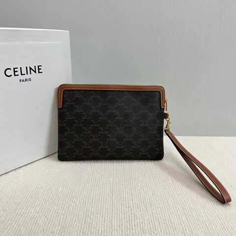 SMALL POUCH 25 IN BLACK TRIOMPHE CANVAS AND BROWN CALFSKIN WITH CELINE PRINT