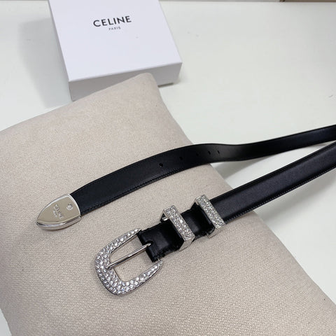 CL 25 MM MARCO BELT WITH STRASS IN BLACK CALFSKIN SILVER HARDWARE