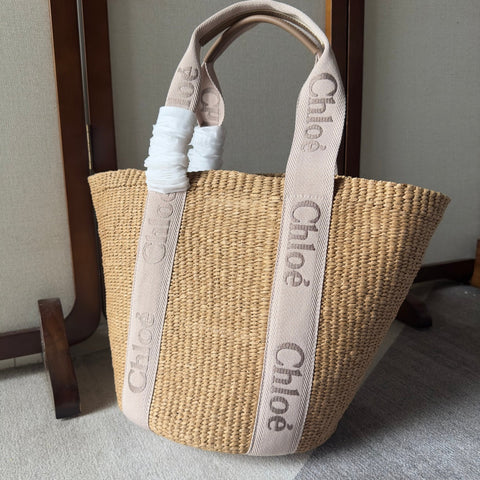 LAGRE WOODY TOTE BAG 48 IN NATURAL FIBERS BLUSHY BEIGE WEBBING LOGO EMBROIDER BROWN CALFSKIN