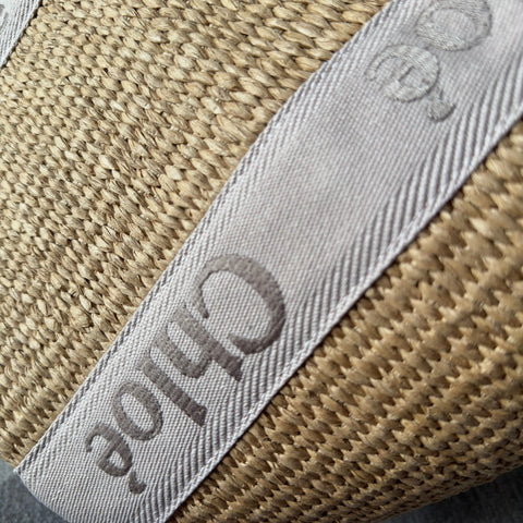 LAGRE WOODY TOTE BAG 48 IN NATURAL FIBERS BLUSHY BEIGE WEBBING LOGO EMBROIDER BROWN CALFSKIN