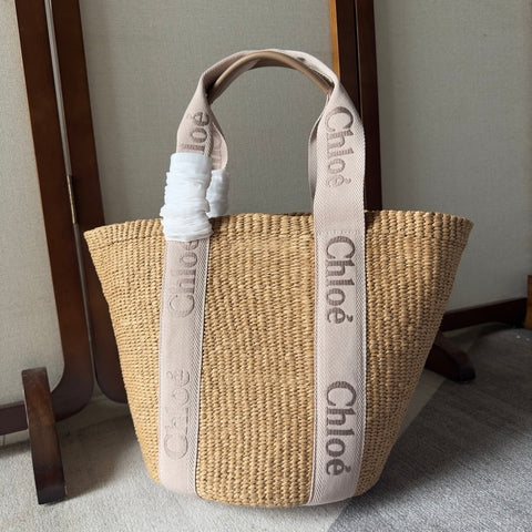 LAGRE WOODY TOTE BAG 48 IN NATURAL FIBERS BLUSHY BEIGE WEBBING LOGO EMBROIDER BROWN CALFSKIN