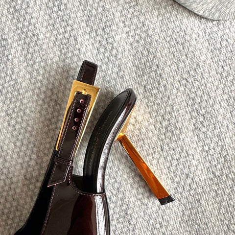 LEE SLINGBACK PUMPS 105 IN MAROON PATENT LEATHER GOLD HEEL