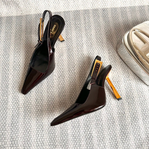LEE SLINGBACK PUMPS 105 IN MAROON PATENT LEATHER GOLD HEEL