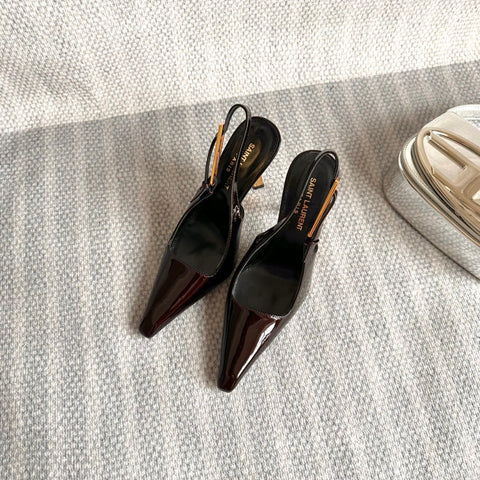 LEE SLINGBACK PUMPS 105 IN MAROON PATENT LEATHER GOLD HEEL