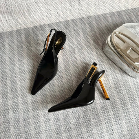 LEE SLINGBACK PUMPS 105 IN BLACK PATENT LEATHER GOLD HEEL