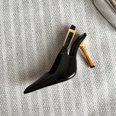 LEE SLINGBACK PUMPS 105 IN BLACK PATENT LEATHER GOLD HEEL