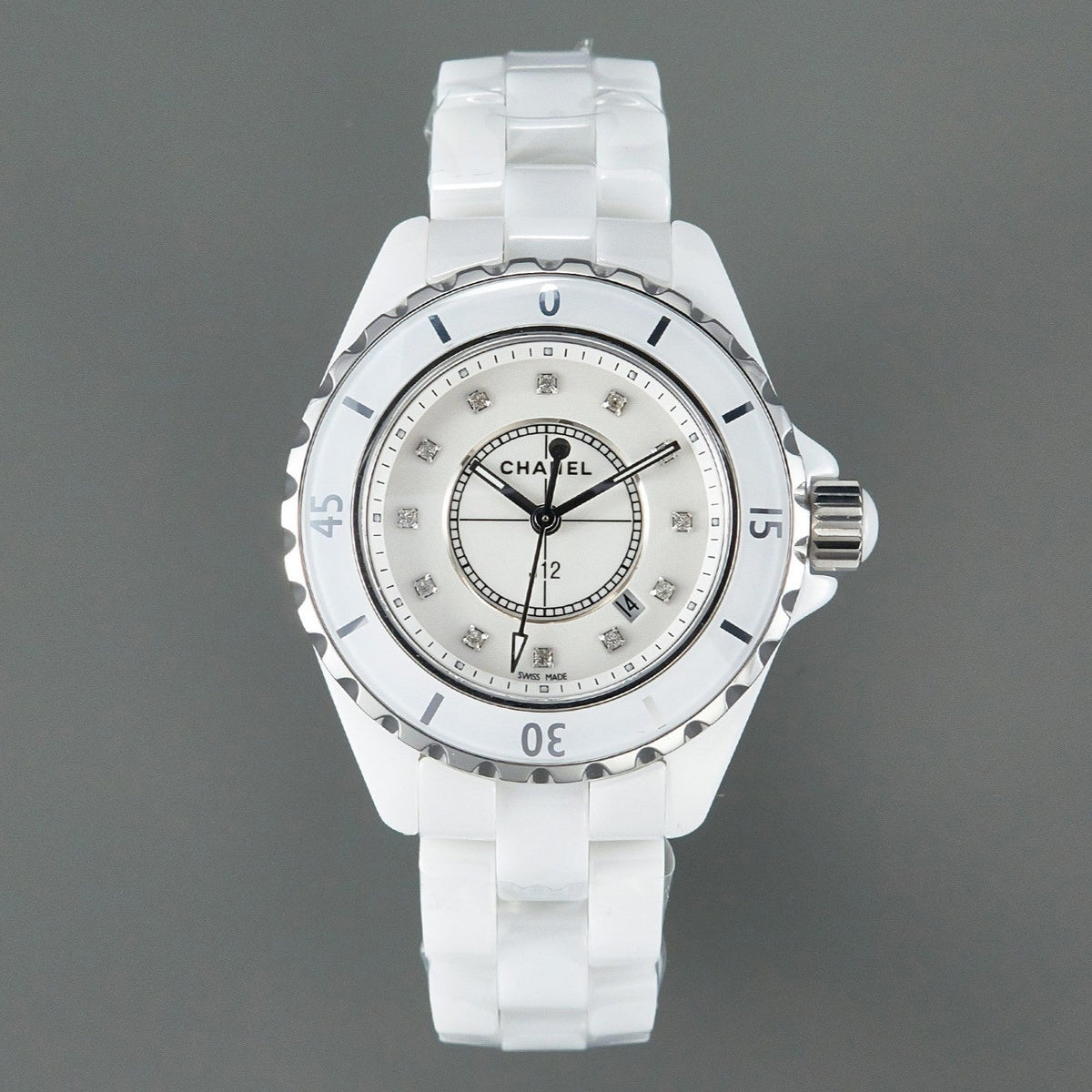 J12 Date Quartz White Ceramic Diamond Numerals White Dial