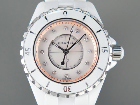 J12 33mm Quartz White Ceramic Diamond Numerals Pink Mop Dial