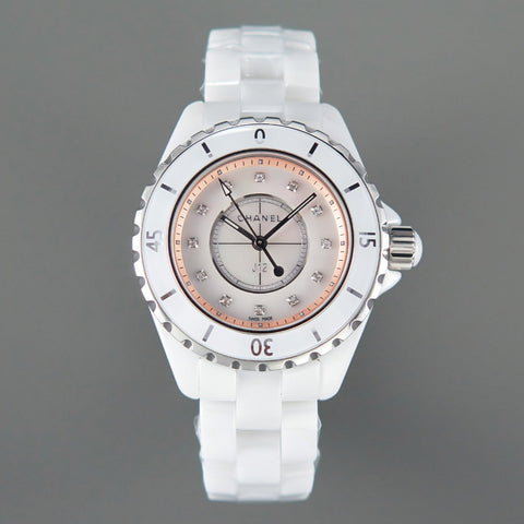 J12 33mm Quartz White Ceramic Diamond Numerals Pink Mop Dial