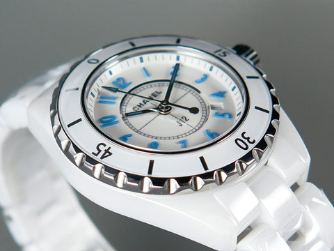 J12 Date Quartz White Ceramic Blue Numerals White Dial