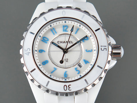 J12 Date Quartz White Ceramic Blue Numerals White Dial