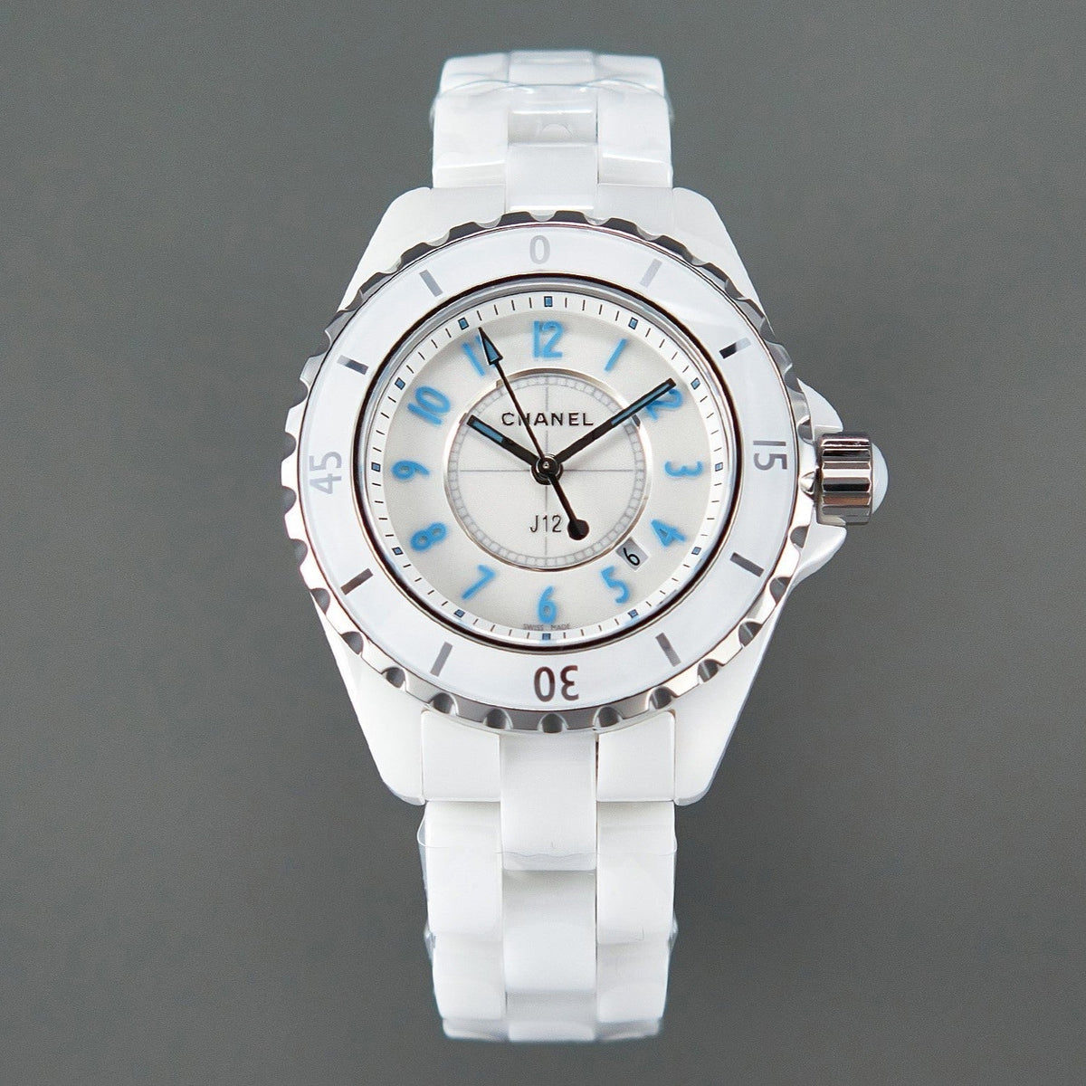 J12 Date Quartz White Ceramic Blue Numerals White Dial