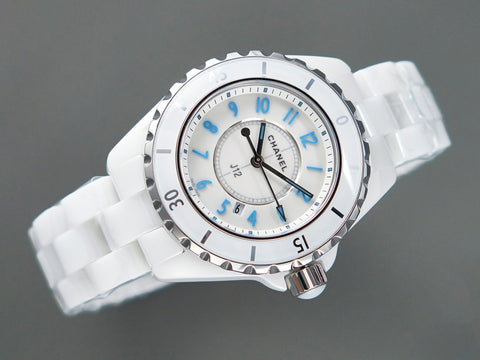 J12 Date Quartz White Ceramic Blue Numerals White Dial