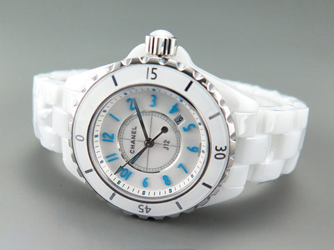J12 Date Quartz White Ceramic Blue Numerals White Dial