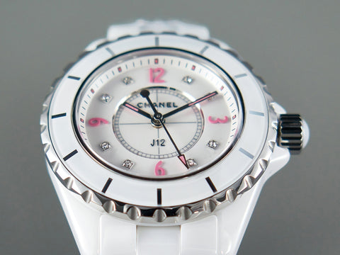 J12 Quartz White Ceramic Pink Diamond Numerals White Dial