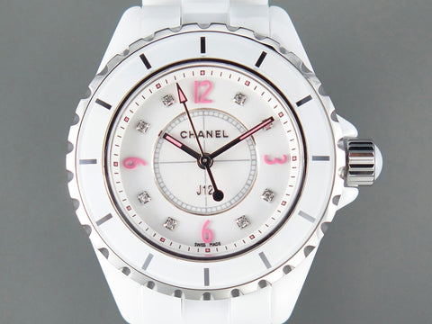 J12 Quartz White Ceramic Pink Diamond Numerals White Dial