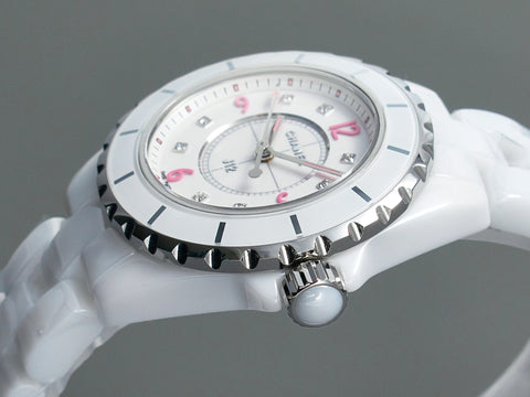 J12 Quartz White Ceramic Pink Diamond Numerals White Dial