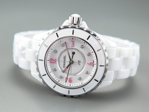 J12 Quartz White Ceramic Pink Diamond Numerals White Dial