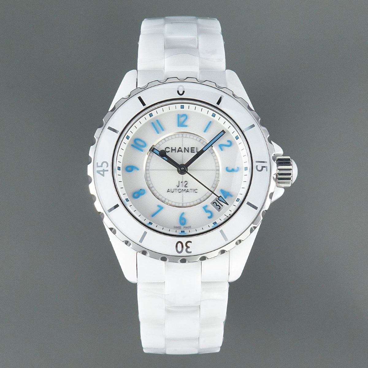 J12 Date Automatic White Ceramic Blue Numerals White Dial