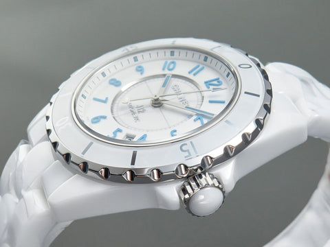 J12 Date Automatic White Ceramic Blue Numerals White Dial