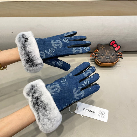 GLOVES IN NAVY BLUE DENIM AND BLACK CALFSKIN 463798