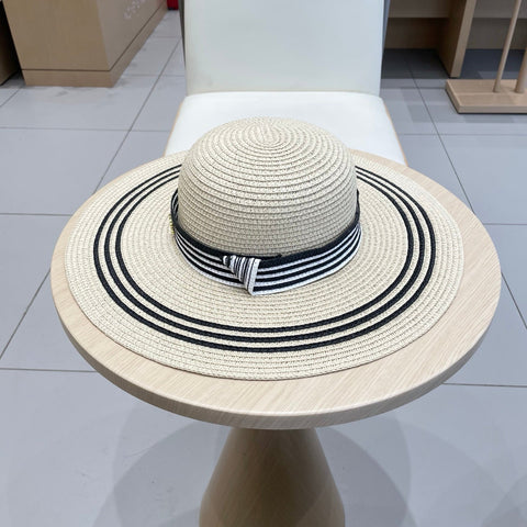 WIDE BRIM HAT MODEL 650408 IN CREAM WHITE BLACK STRIPES WOVEN STRAW