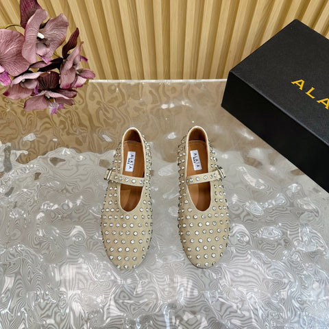STRASS SUEDE BALLET FLATS WHITE