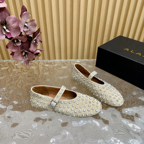 STRASS SUEDE BALLET FLATS WHITE