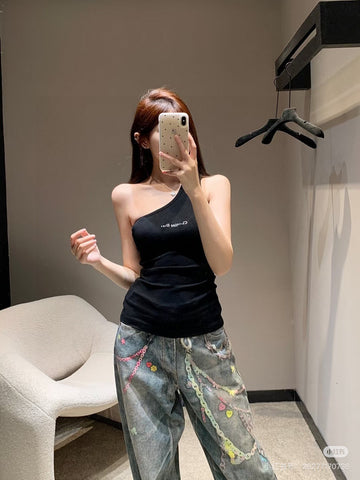 ONE SHOULDER TOP 633201 IN BLACK COTTON