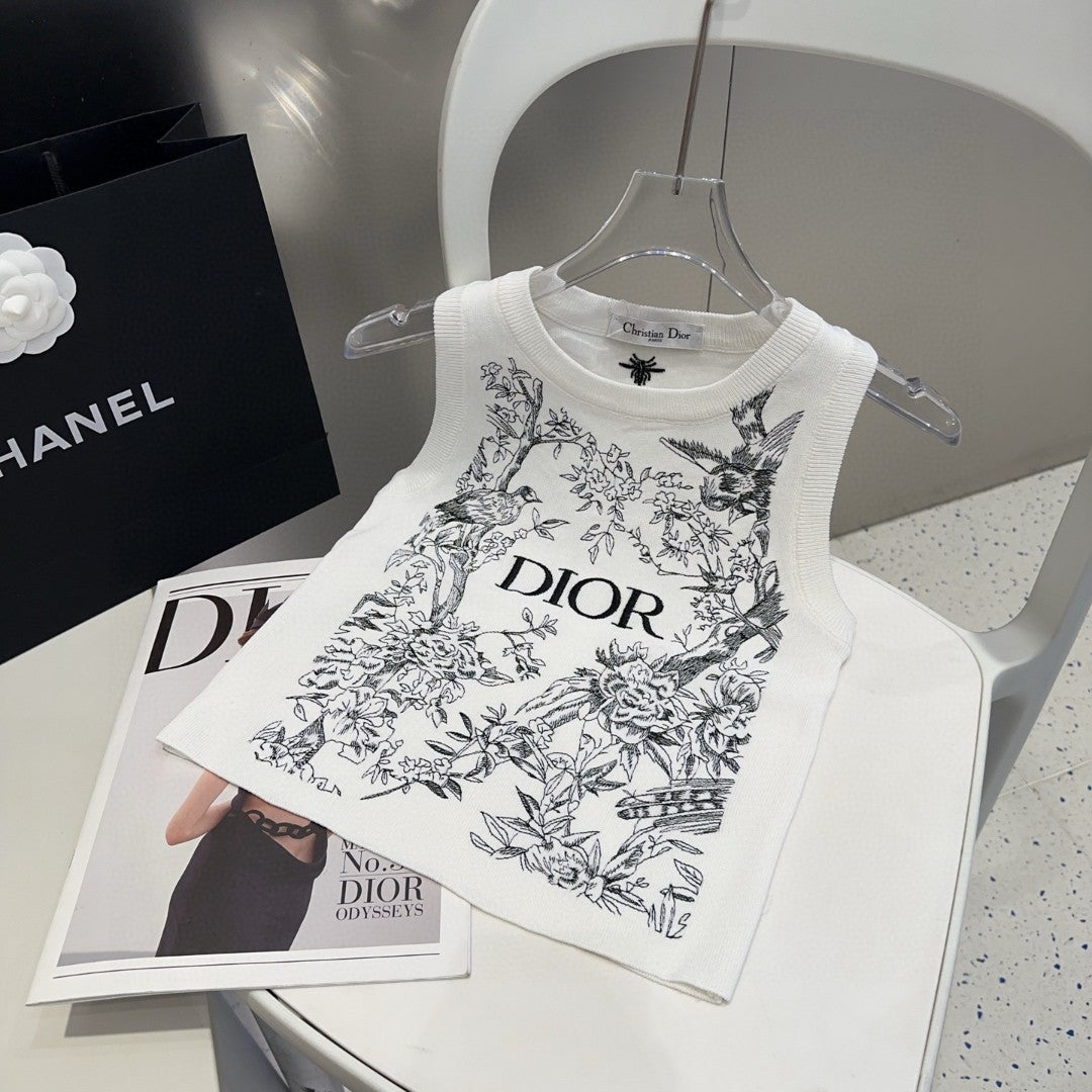 KNITTED TANK TOP 643231 IN WHITE COTTON JERSEY BLACK BIRD AND FLORAL PATTERN