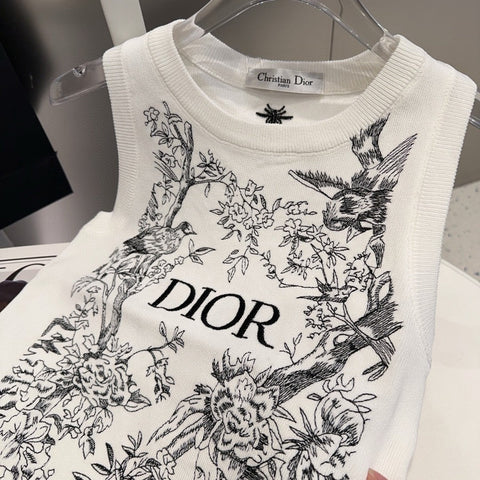 KNITTED TANK TOP 643231 IN WHITE COTTON JERSEY BLACK BIRD AND FLORAL PATTERN